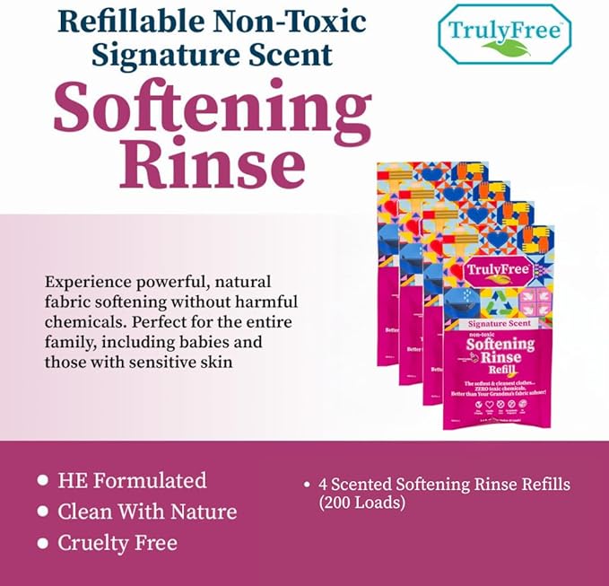 Truly Free Fabric Softening Conditioner for Clothes| Safe for Babies & Kids with Sensitive Skin | Plant-Based | Includes 4 Refills| Signature Scent Rinse(200 Loads)