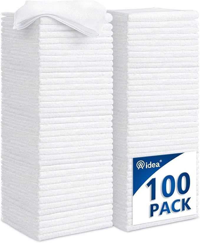 AIDEA Microfiber Cleaning Cloth White-100PK, Absorbent Cleaning Rags, Commercial Shop Rags Lint-Free, Scratch-Free, White Microfiber Towels for Cars, Kitchen Towels White 11.5 in.x 11.5 in.