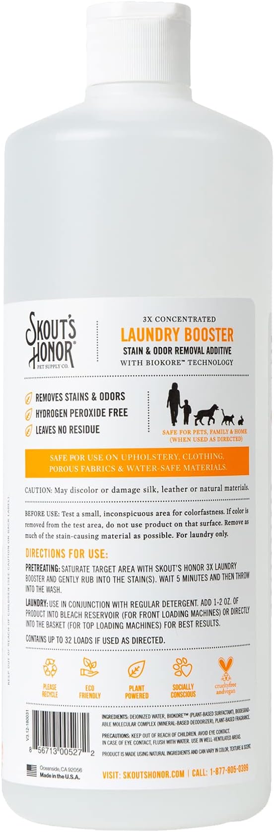 Skout's Honor Laundry Booster Stain & Odor Removal Additive - Plant-Powered Formula for Pet Bedding, Clothing, and Washable Pee Pads - Eco-Friendly & Cruelty-Free, 32 oz, 2-Pack