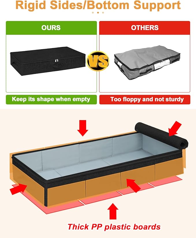 Under Bed Storage Container, 3 Pack Underbed Storage Bags With Lid, Foldable Sturdy Clothes Storage Organizer W/ 3 Handles, Ultra Thick Fabric Blanket Shoe Storage Box, 30x15x6.7inch, Black, 50L