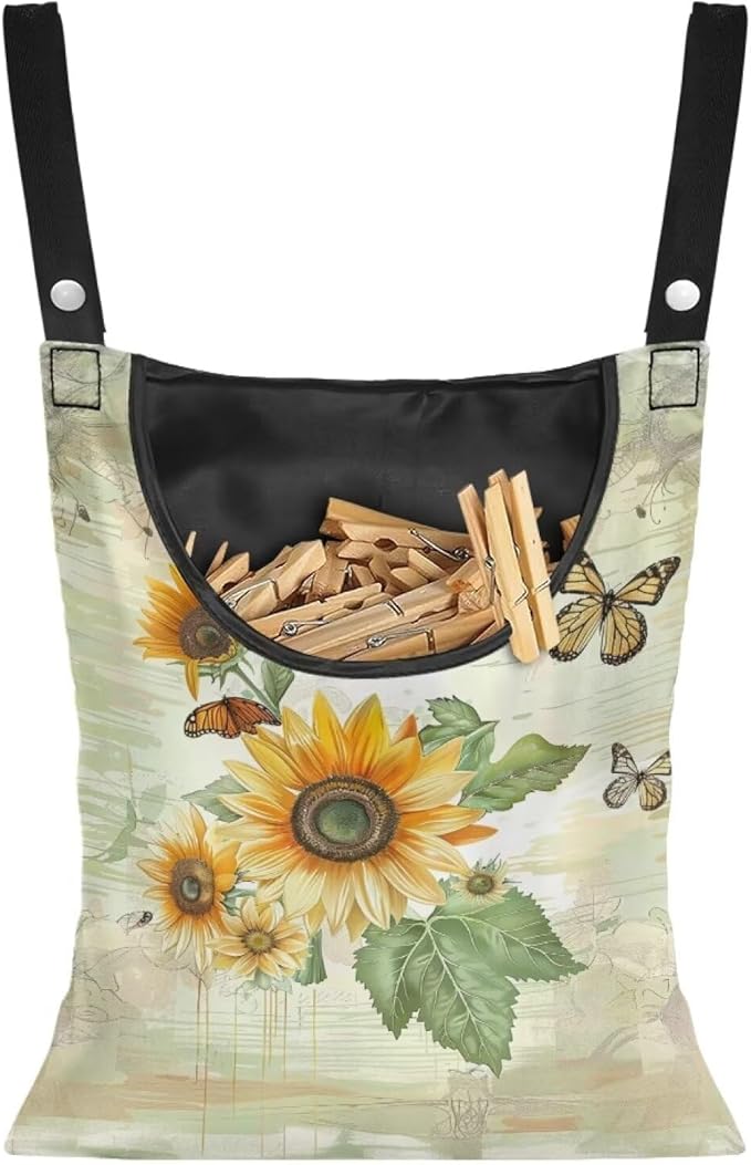 Sunflowers Butterfly Clothespin Bag Clothespin Bag for Clothesline Outdoor Clothespin Storage with Hanger Hook Clothespin Bags Hanging Outdoor Waterproof Clothespin Storage