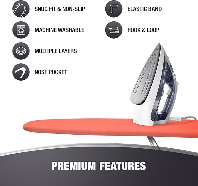 Extra Thick Ironing Board Covers with Pad Standard Size 15x54, Heat Reflective Full Scorch Resistant Padding, Snug Fit Non-Slip Nose Pocket Fastener Straps Elastic Edges, Orange