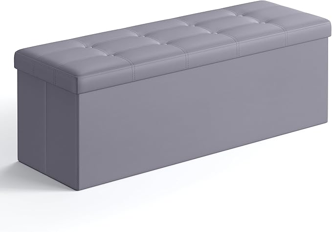 SONGMICS MAZIE Collection - 43 Inches Folding Storage Ottoman Bench, Ottoman with Storage, Foot Rest Stool, Load 660 lb, for Living Room, Synthetic Leather, Light Gray ULSF70GY