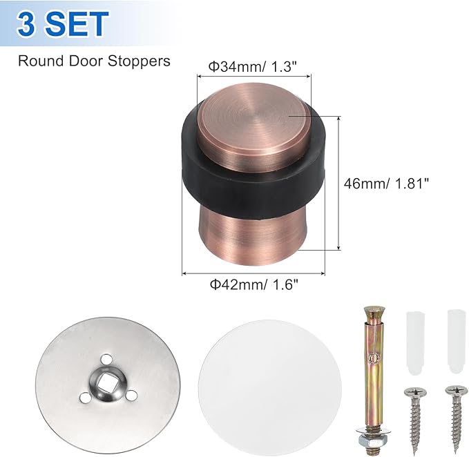 PATIKIL 3Set Round Door Stoppers, 46mm Stainless Steel Door Stop Doorstop Wedge Metal Cylinder Self Adhesive with Screw for Bottom of Door Floor Inside, Copper Tone