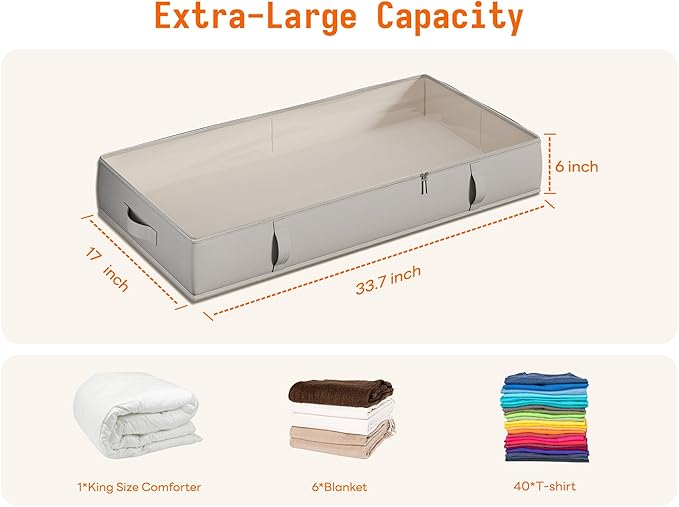 Vailando Under Bed Storage Containers, Underbed Storage Bins, 6 Inches Tall Clothes Storage Box with Sturdy Handles and Sidewalls, Foldable, Gray, 2-Pack
