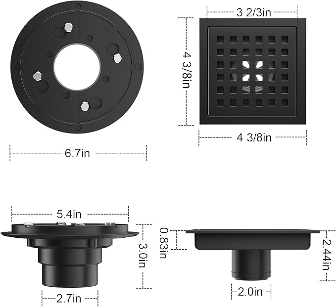 4-3/8 Inch Shower Drain Matte Black, Square Bathroom Floor Drain, Stainless Steel Drain Kit with Flange, Removable Grid Cover, Hair Strainer