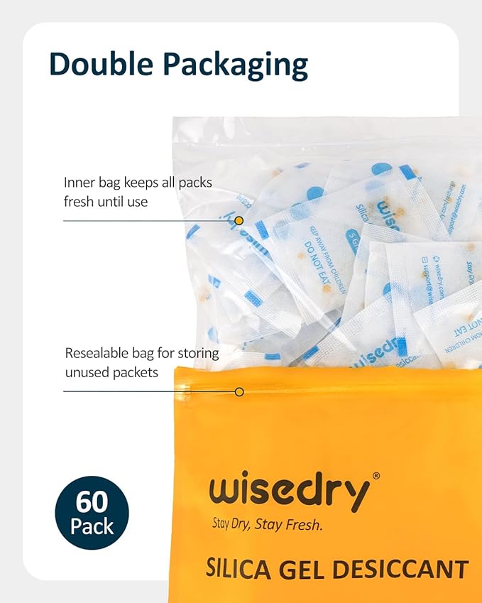 5 Gram [60 Packs] Food Grade Silica Gel Packs Rechargeable Desiccant Dehumidifiers Pouches with Color Indicating Beads Reusable Moisture Absorbers for Food Storage