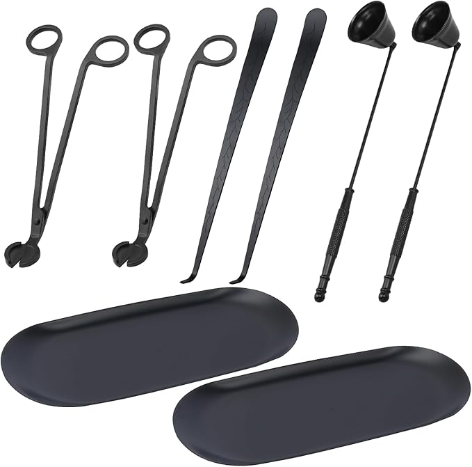 4 in 1 Candle Accessory Set with Storage Tray Plate, Premium Candle Wick Trimmer, Candle Snuffer, Wick Dipper & Storage Tray Plate with Gift Package, Ideal for Scented Candle Lovers (Black)