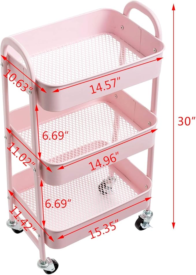 AGTEK Makeup Cart, Movable Rolling Organizer Cart, 3 Tier Metal Utility Cart Pink