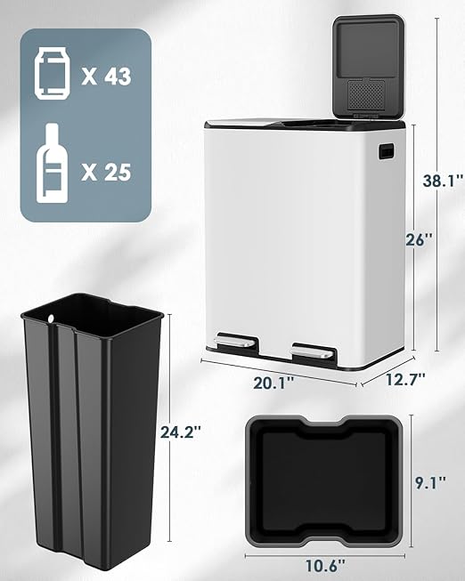 Arlopu 16Gal Dual Trash Can w/2 Built-in Box for Odor Control, Hands-Free Kitchen Garbage Bin, Recycle Waste Dustbin, Soft-Close Lid, 2 Buckets,Foot Pedal, Side Handle, Airtight,for Home Office