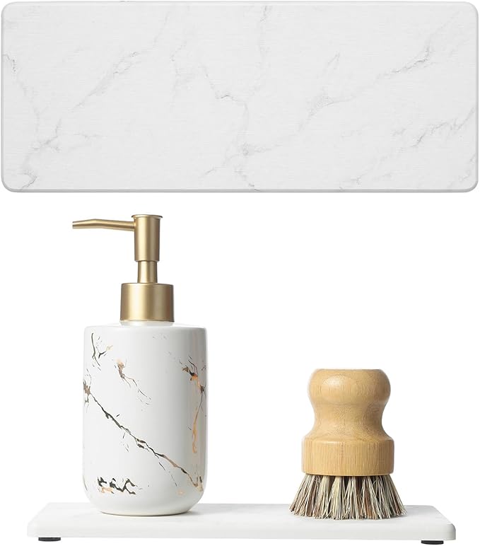 2PCS Diatomite Marble Tray Quick Drying Mat for Kitchen Counter, Water Absorbing Stone Vanity Caddy for Bathroom Sink,Faucet Splash Guard,Soap Dispenser Rack Sponge Holder Organizer, White, 9"x3.5"