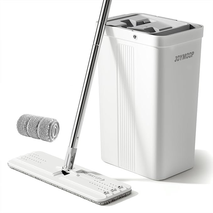 JOYMOOP Hands-Free Self-Cleaning Microfiber Mop and Bucket with Wringer Set for Home, Mops for Floor Cleaning and Wall Cleaner, Hardwood, Tile, Laminate, Vinyl Floors, Smooth Walls, and Glass Windows