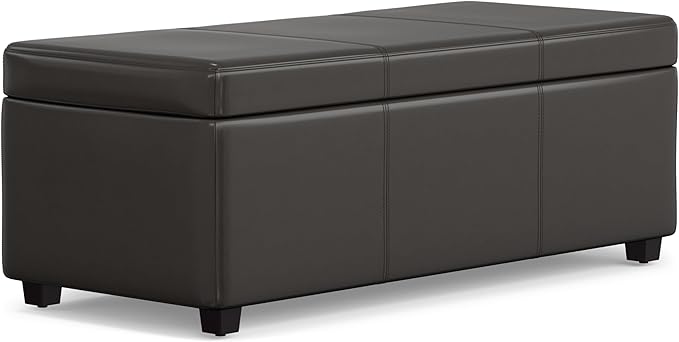 SIMPLIHOME Avalon 44 inch Wide Contemporary Rectangle Lift Top Rectangular Storage Ottoman in Tanners Brown Vegan Faux Leather, Assembled, for the Living Room, Entryway and Family Room.