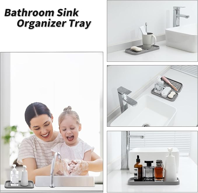 Silicone Kitchen Sink Organizer Tray for Multiple Usage,Eco-Friendly Sponges Holder for Kitchen Bathroom Counter or Sink,Dish Soap Dispenser,Scrubber,Bottle,Cup (Grey, 10"×5.3")