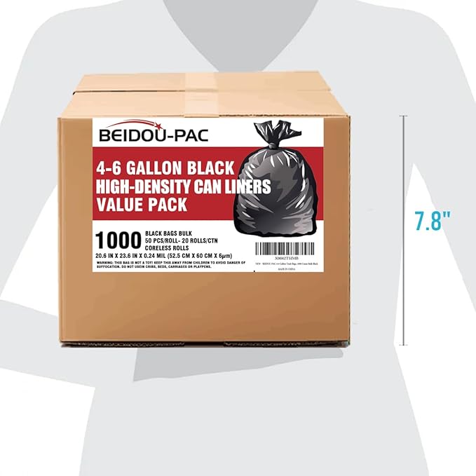 4-6 Gallon Trash Bags, 1000 Count Bulk Value Pack Black Garbage bags, Multi-purpose Trash Can Bin Liners for Bathroom, Office, Industrial, Commercial, Janitorial, Municipal, Recycling
