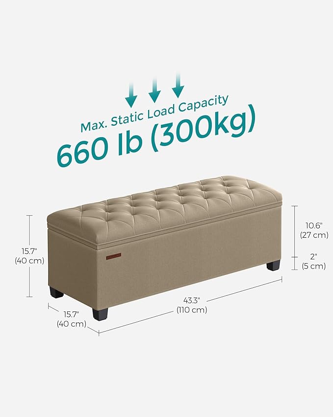 SONGMICS Storage Ottoman Bench, Foot Rest with Legs, 15.7 x 43.3 x 15.7 Inches, End of Bed Bench, Storage Chest, Load up to 660 lb, for Living Room, Bedroom, Entryway, Camel Brown ULSF088R01