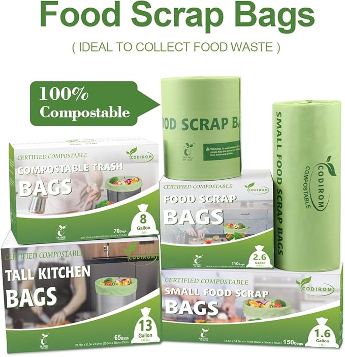 100% Compostable Trash Bags, 13 Gallon, 49.2 Liter, 0.91 Mils, 65 Count Kitchen Tall Food Scrap Compost Bags for Tall Kitchen Trash Cans with Europe EN13432 Certified
