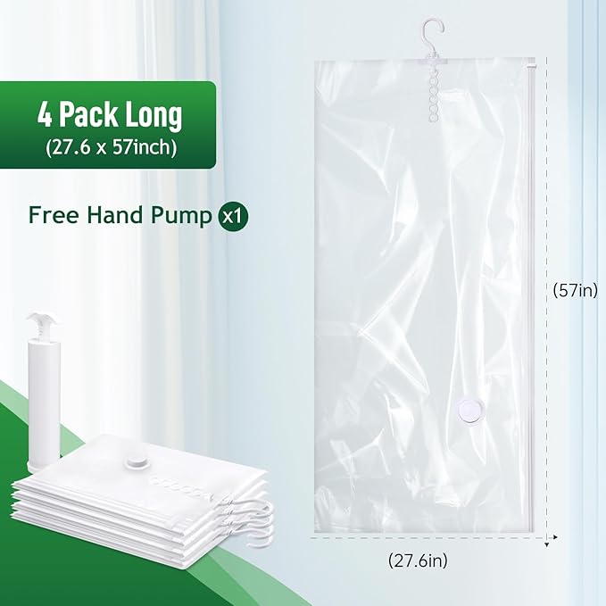 Hanging Vacuum Storage Bags For Clothes With Hand Pump,Coat Storage Bag Hanging,Vacuum Bags For Clothes,Space Saver Vacuum Storage Bags,Garment, Clothing, Dress, Suit, Long Coat, Jacket(Long 4 Pack）
