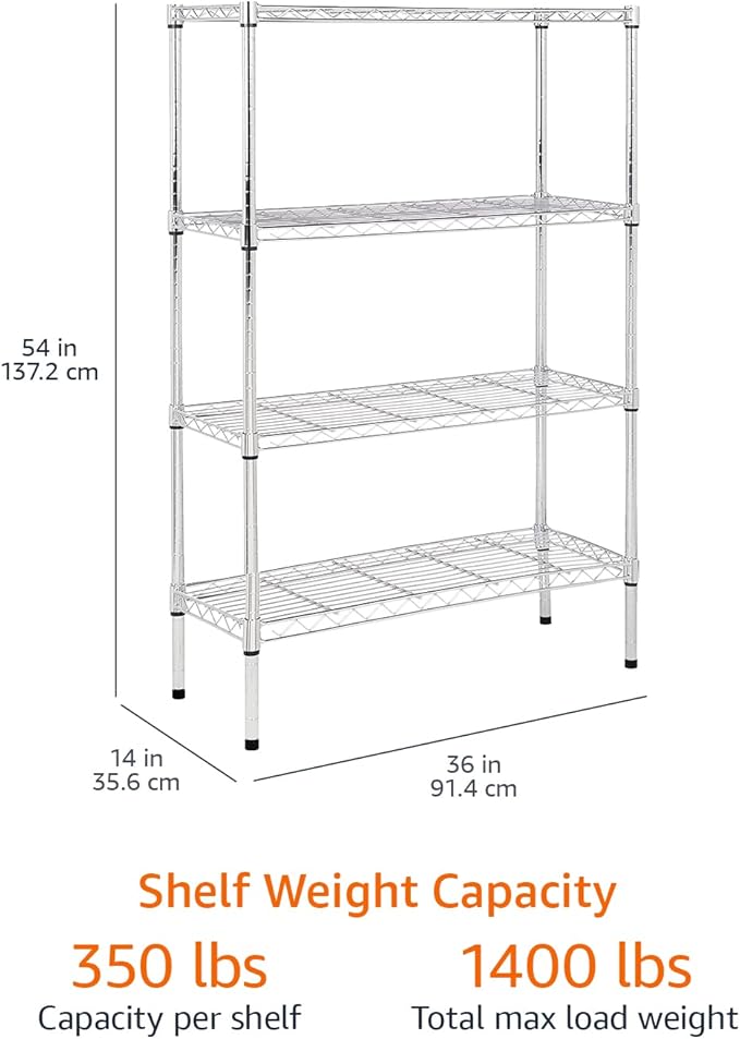 Amazon Basics 4-Shelf Adjustable Heavy Duty Steel Wire Rack Storage Shelving Organizer for Kitchen, Garage, 36" L x 14" W x 54" H, Chrome Silver
