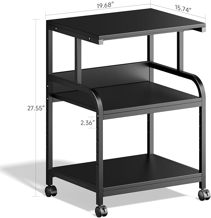 Printer Stand, 20×16×28'' Metal Printer Table with Wheels, 3 Tier Rolling Cart with Adjustable Storage Shelf, Space Saving 3D Printer Desk for Home Office, Mini Fridge & Heat Press Stand, Black