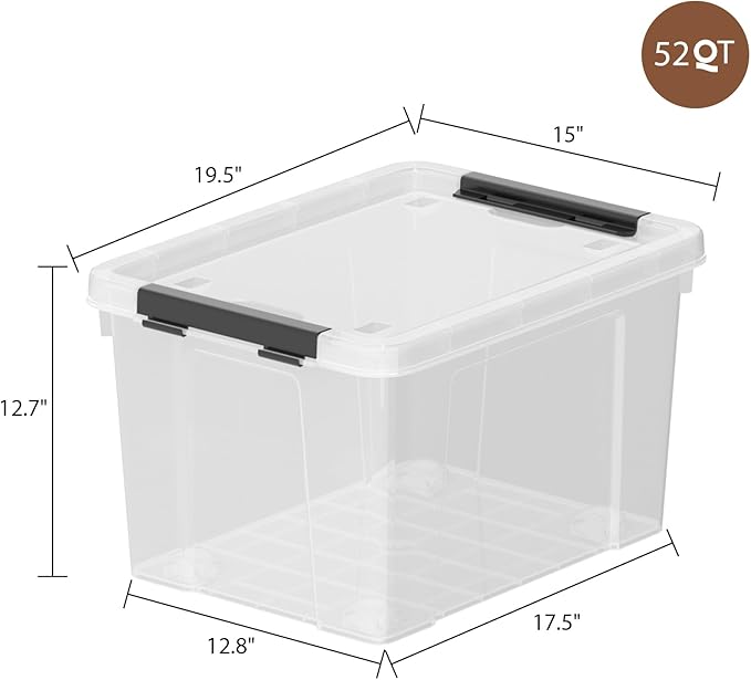 Zopnny 52 Quart Stackable Plastic Storage Bins with Latching Lids, Large Rolling Storage Containers, Pack of 4