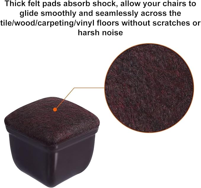 Ezprotekt 24 Pcs Square Chair Leg Floor Protectors with Felt, Silicone Felt F for Hardwood Floor, Dining Table Leg Caps Covers No Scratches (L Fit: 1" - 1.4", Dark Brown)