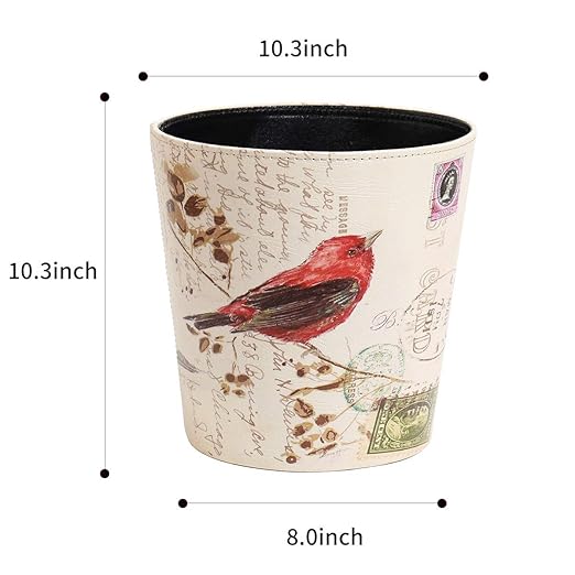 PU Leather Small Trash Can Wastebasket, Round Garbage Container Basket for Bathrooms, Laundry Room, Kitchens, Offices, Kids Rooms, Bedrooms,Dorms,Home Decorative Art Bin, 2.9 Gallon(Bird Design)