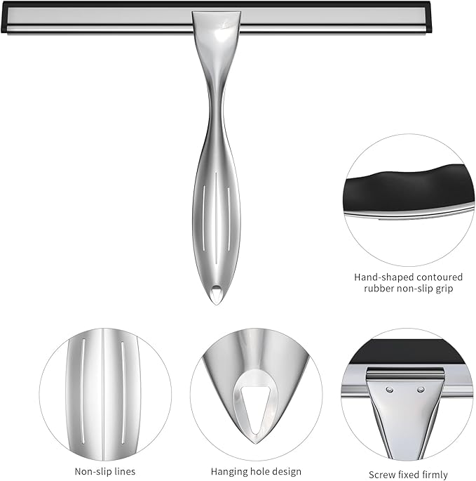 Shower Squeegee Set, 10-Inch Stainless Steel Squeegee for Bathroom, Shower Doors, Mirrors, Tiles, and Car Windows - 100% Streak Free, Includes Shower Door Hook, Adhesive Hook and Spare Silicone Blade