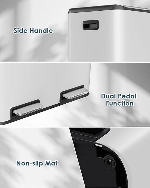 Arlopu 16Gal Dual Trash Can w/2 Built-in Box for Odor Control, Hands-Free Kitchen Garbage Bin, Recycle Waste Dustbin, Soft-Close Lid, 2 Buckets,Foot Pedal, Side Handle, Airtight,for Home Office
