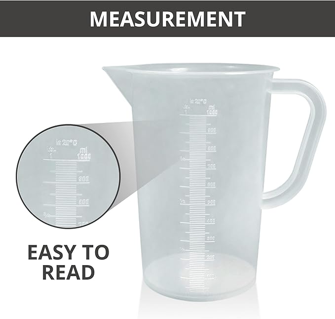Plastic Graduated Measuring and Mixing Pitcher - 1000ml Plastic Graduated Measuring Pitcher - Large Cylinder Graduated Measuring Container with Handle and Pour Spout - 1 Liter