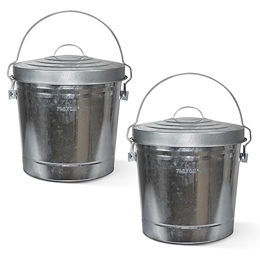Plexon 6 Gallon Small Metal Trash Can with Locking Lid Galvanized Metal Bucket with Lid for Poultry Feed Bird Seed Storage Ash Outdoor Garbage Trash Bin 2 Pack