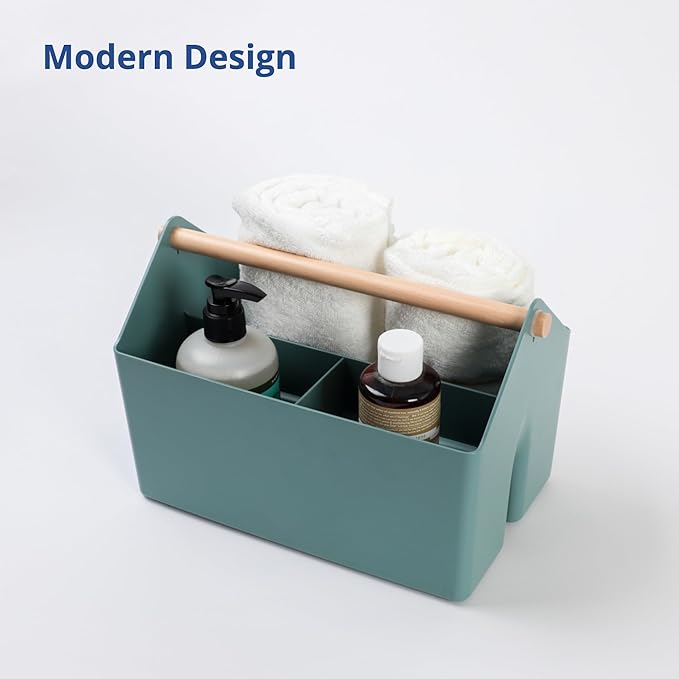BLUE GINKGO Medium Storage Basket – Plastic Caddy with Wooden Handle for Office, Arts & Crafts, or Home Supplies (Green)