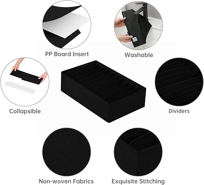 4 Packs T-shirt Drawer Organizers for Clothing,10 Grids Compartment Wardrobe Storage Box, Washable Clothes Organizer for Folded Clothes, T-shirt, Legging-Black