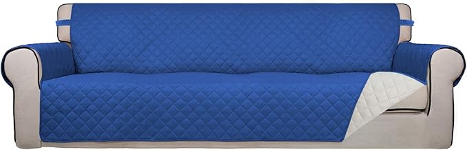 PureFit Reversible Quilted Sofa Cover, Water Resistant Slipcover Furniture Protector, Washable Couch Cover with Non Slip and Elastic Straps for Kids, Dogs, Pets (XX Large, Classic Blue/Ivory)