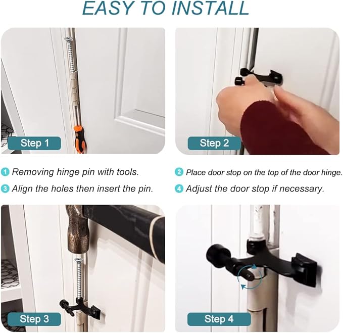 24 Pack Hinge Pin Black Door Stopper, Adjustable Heavy Duty Hinge Pin Door Stop with Black Rubber Bumper Tips