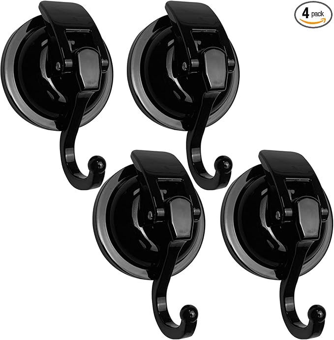 Heavy Duty Suction Cup Hooks for Shower, Bathroom Robe, Garland Decoration - Vacuum Glass Hooks, Reusable, No Hole Punched (Black, 4 Pack)