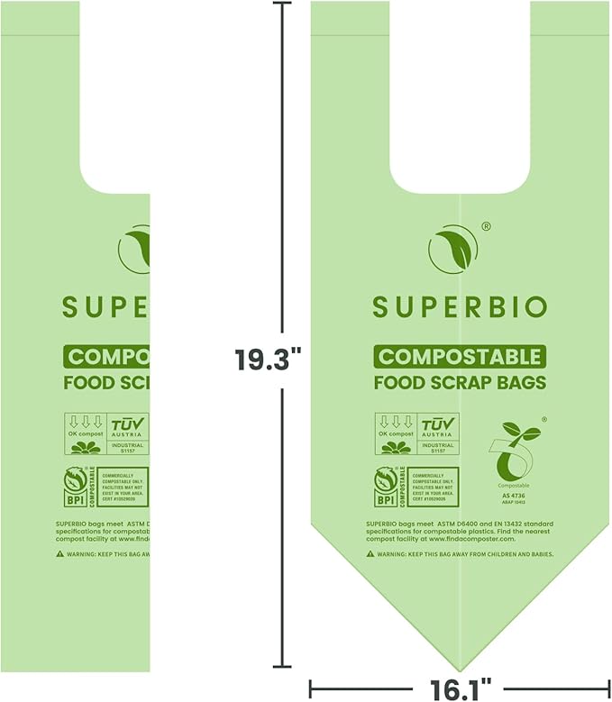 SUPERBIO 1.6 Gallon Handle Tie Compostable Food Scrap Bags, Small Compost Bags with Handles, 50 Count, 2 Pack, BPI & OK compost INDUSTRIAL