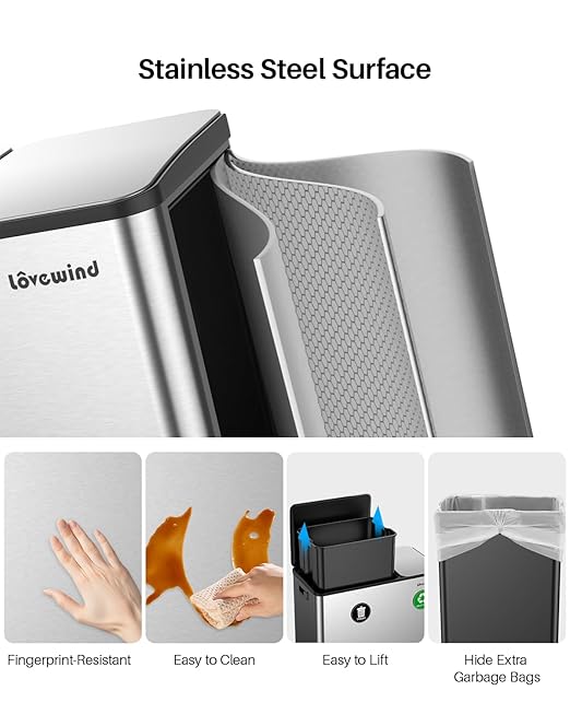 Dual Trash and Recycling Bins for Kitchen, 13.2 + 5.2 Gal (50+20L) Stainless Steel Trash and Recycle Bin Combo with Soft-Close Lid, Large Garbage Cans for Kitchen Home with 2 Magnets Sticker, Silver