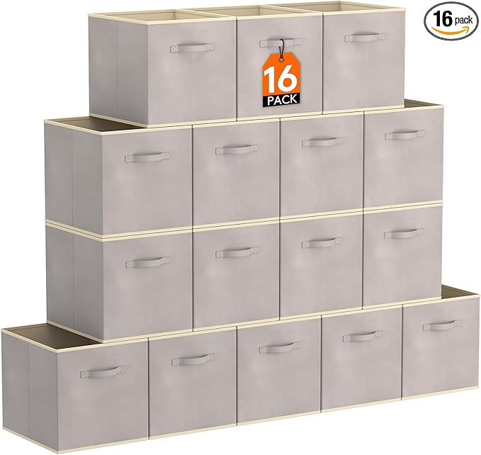 Lifewit 16 Packs Storage Cubes, 11 Inch Cube Storage Bins, Foldable Decorative Fabric Storage Baskets for Organizing Home Organizers with Handles for Shelves, Closet, Light Gray