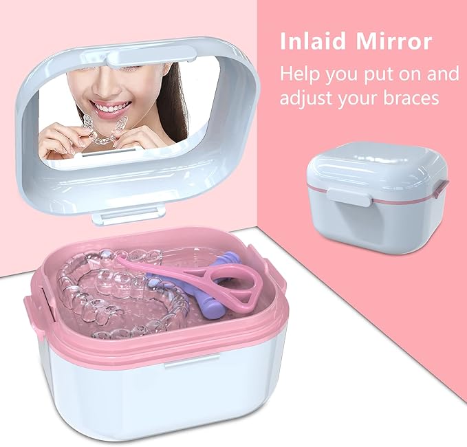 BVN Denture Bath Denture Case: Denture Cup for Soaking Dentures, Retainer Cleaner Case with Mirror, Mouth Guard Case, Aligner Case, Retainer Holder, Night Guard Case, False Teeth Container White