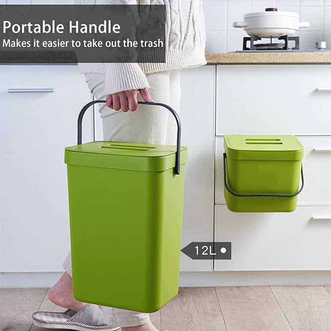stonespace Small Trash Can with Lid，Mountable Indoor Compost Bucket, Hanging Trash Can with Lid for Cupboard/Bathroom/Bedroom/Office/Camping, 3.2 Gallon/12L Green