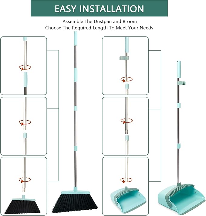 Broom and Dustpan Set, Dustpans with Broom Combo for Home, Heavy Dust Broom and Dustpan Combo, Long Handle Dust Pan and Broom Set for Kitchen, Office, Pet Hair,Green, Pack of 1