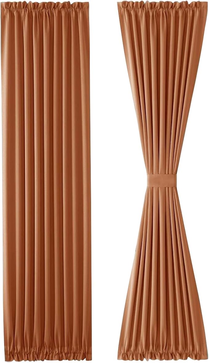 DWCN French Door Curtains – Rod Pocket Thermal Blackout Curtain for Doors with Glass Window, Kitchen and Patio Doors for Privacy, 36 X 72 Inches Long, 1 Curtain Panel with Tieback,Burnt Ochre