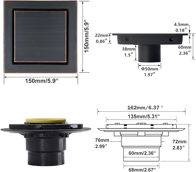 RANDOM Oil Rubbed Bronze Shower Drain Square 6 inch with Adjustable PVC Base Flange,SUS304 Stainless Steel Shower Floor Drain Kit with Tile Insert Shower Drain Cover and Hair Strainer
