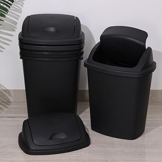Yuright 40 L / 10 Gallon Swing Lid Trash Bins, 4 Pack Large Plastic Garbage Cans, Black