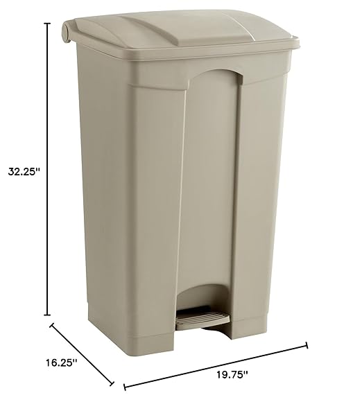 Safco Step On Plastic Trash Can with Foot Pedal, 23 Gallon Garbage Can for Kitchen, Indoor or Outdoor Use, Hands Free, Tan