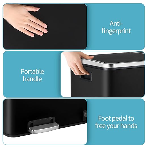 16 Gallon Rectangular Stainless Steel Trash Can, Dual Compartment Garbage Bin with Recycling Combo, Metal Dustbin Lid, Removable Liner, Indoor Hands Free Waste Bucket for Kitchen Home
