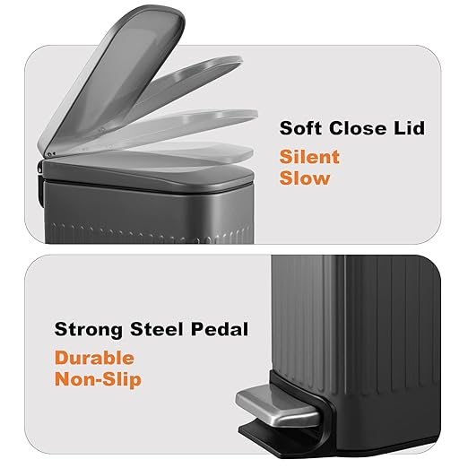 TrashAid Small 1.6 Gallon Stainless Steel Trash Can with Removable Inner Bucket, Grey, Hands Free Step Pedal Design