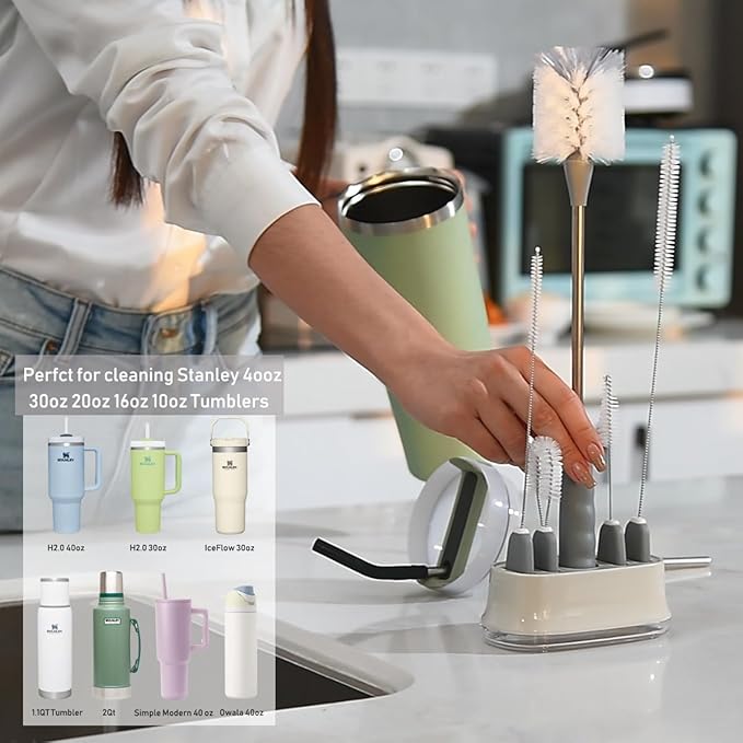 ALINK 5 Pack Water Bottle Brush Cleaning Set with Holder, Bottle Cleaner with Stand, Straw Nipple Lid Brush for Stanley Tumblers, Drinking Glass, Baby Bottles, Jugs - Gray