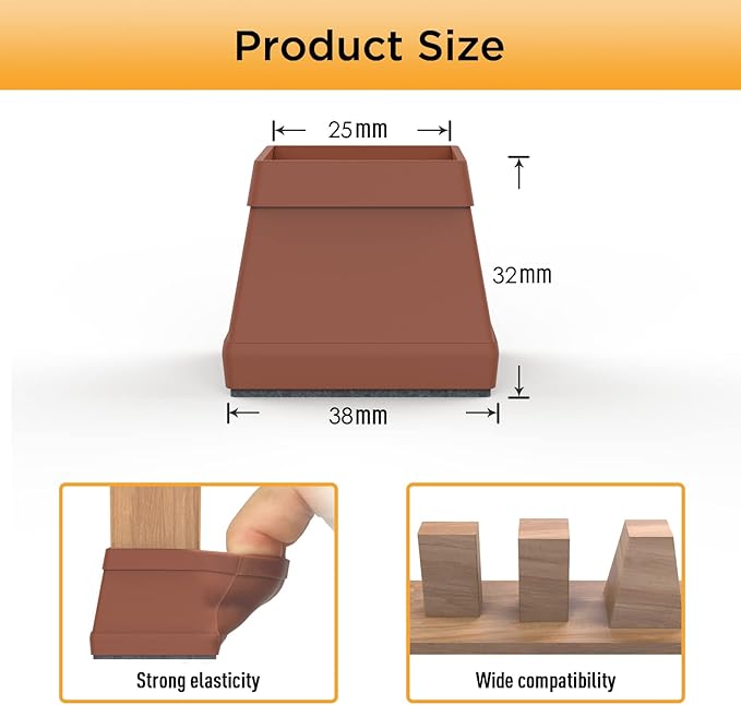 16 PCS Square Chair Leg Floor Protector, Silicone Chair Leg Cover, Furniture Leg Protectors with Felt, Mobile Table Leg pad, Protect The Floor from Scratches.1 1/2 in Brown.